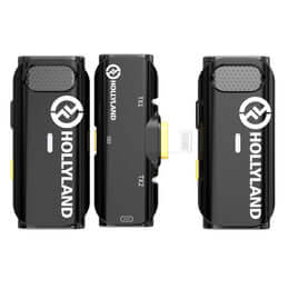 Hollyland LARK C1 DUO 2-Person Wireless Microphone System with USB-C for Mobile Devices, featuring 2 transmitters and 1 receiver in black color.