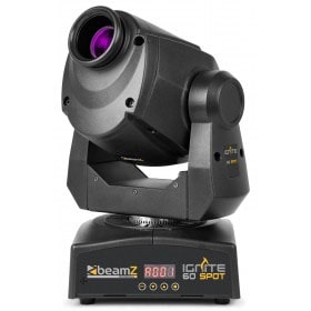 Front view of the IGNITE60 LED Moving Head Spot featuring a 60W white LED with rotating gobos and multiple DMX channels.