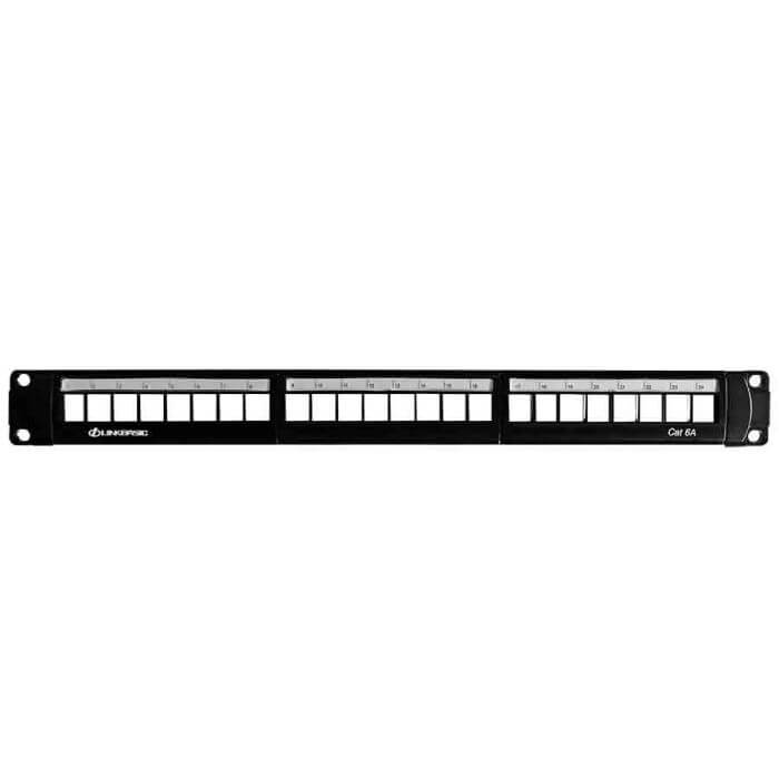 Linkbasic 24-Port Shielded Rack Mount Patch Panel showing the front view with multiple ports for network connections.