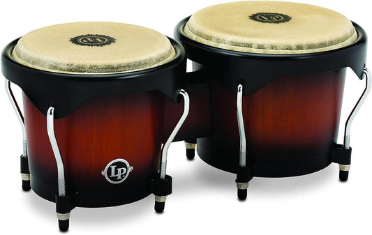 LP City Bongos made of Siam Oak, showcasing their natural wood finish and unique design.
