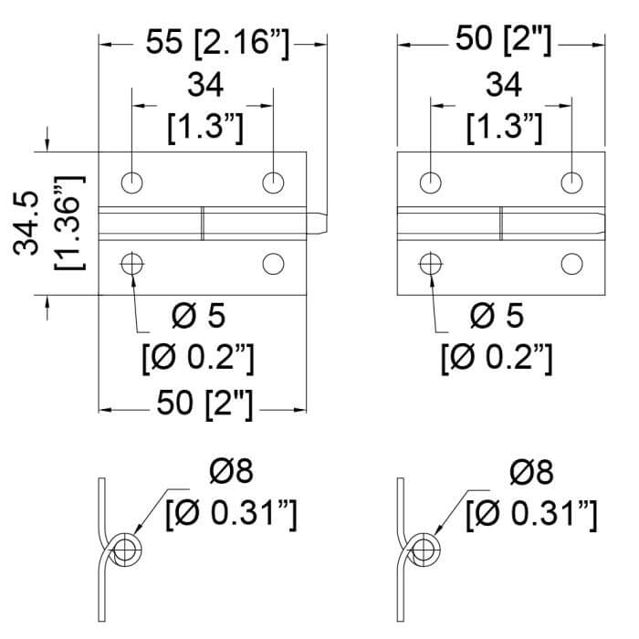 Penn Elcom P3050 slip/lift off hinges, designed for separating at 90 degrees, shown in an image.