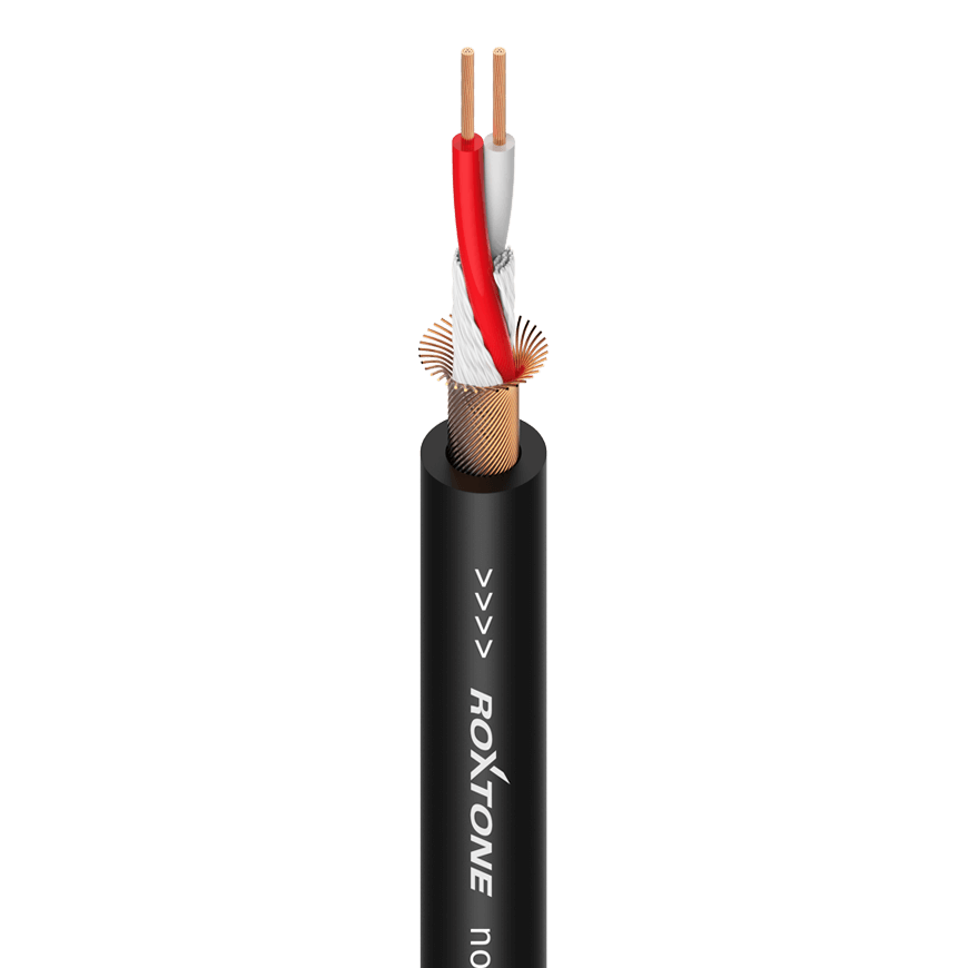 ROXTONE Microphone Cable 2-Core + Screen in black, 100 meters long, designed for high-quality balanced audio transmission.