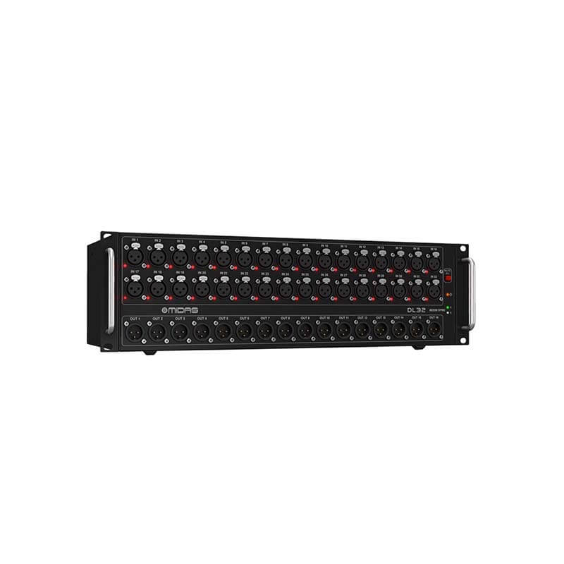 Midas DL32 32-Input Digital Stagebox featuring Midas Mic Preamps and 96kHz ADCs.