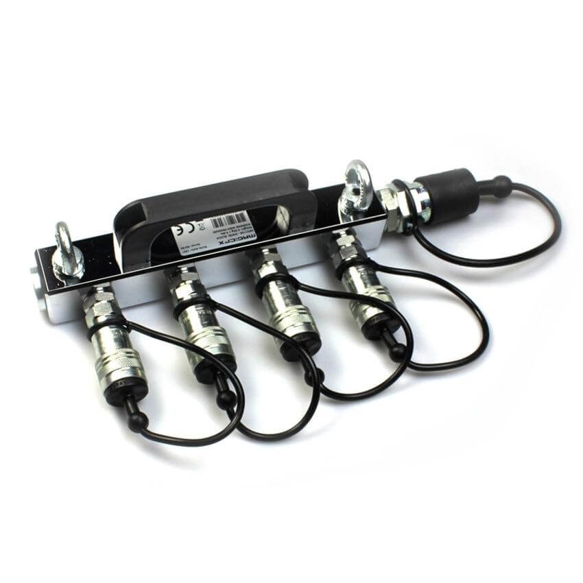 MAGICFX CO2 High Pressure Distribution Block with four 3/8 hose inlets and one 3/8 outlet, designed for efficient gas distribution.