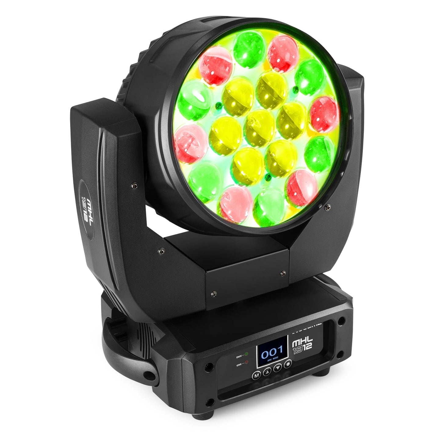 Front view of the MHL1912 LED Wash Moving Head with Zoom, featuring 19x 12W RGBW LEDs in Multi-colour.
