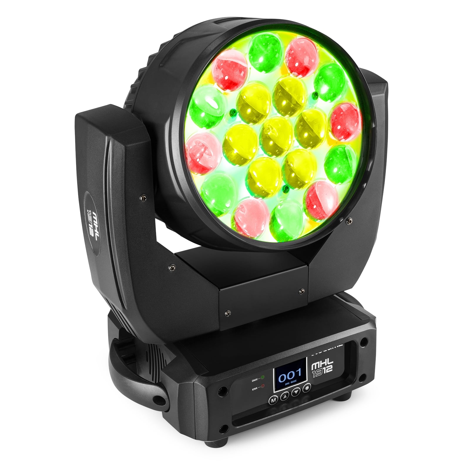 Front view of the MHL1912 LED Wash Moving Head with Zoom, featuring 19x 12W RGBW LEDs in Multi-colour.