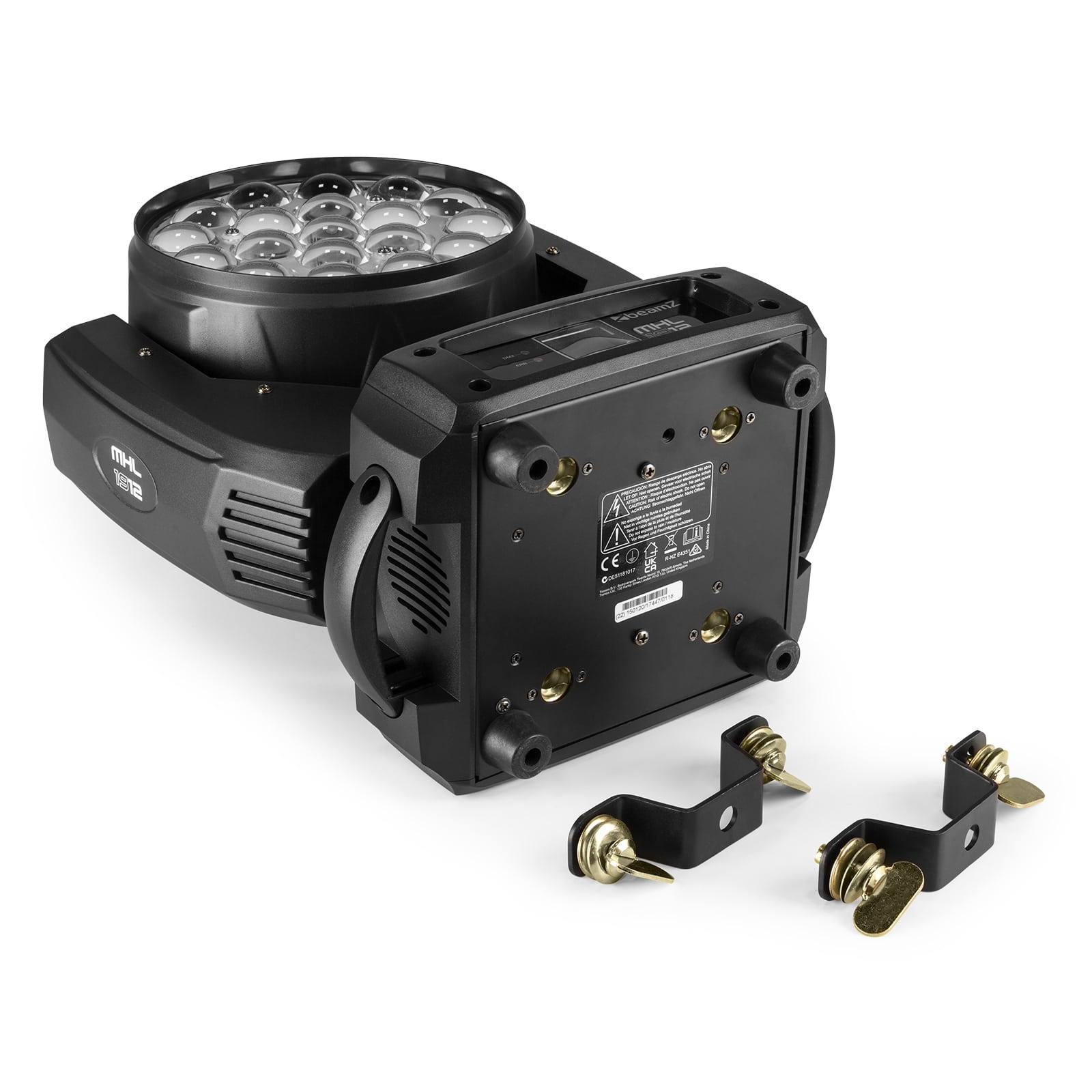 Top view of the MHL1912 LED Wash Moving Head with Zoom, featuring 19x 12W RGBW LEDs with mounting brackets.