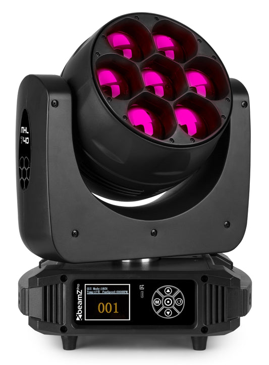 Front view of the MHL740 LED Wash Moving Head with Zoom, featuring 7x 40W RGBW LEDs in Pink. 