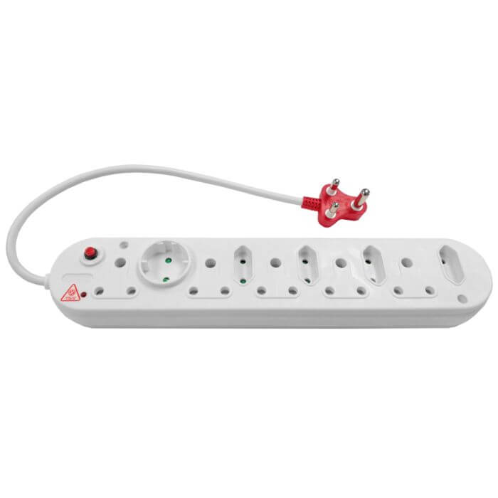 Surge protected multi plug with five 16A and five 5A sockets, 0.5m long, designed for safe power distribution.