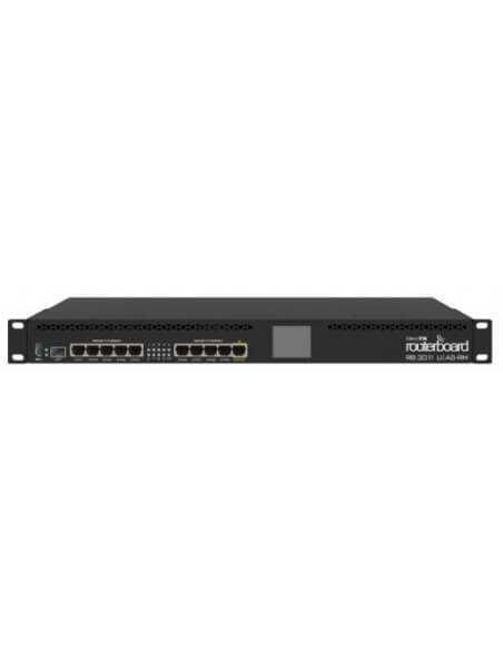 MikroTik RB3011UiAS-RM rack-mount router featuring 10 Gigabit Ethernet ports and 1 SFP port.
