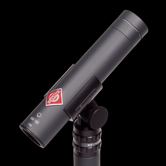 Neumann KM 185 Stereo Set featuring a nickel finish miniature microphone with hypercardioid pattern and SG 21 stand swivel mount.