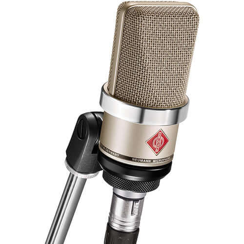 Neumann TLM 102 large diaphragm microphone in satin nickel finish with cardioid polar pattern.