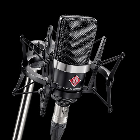 Neumann TLM 102 BK Studio Set Large Diaphragm Microphone in black with elastic suspension, designed for studio use.