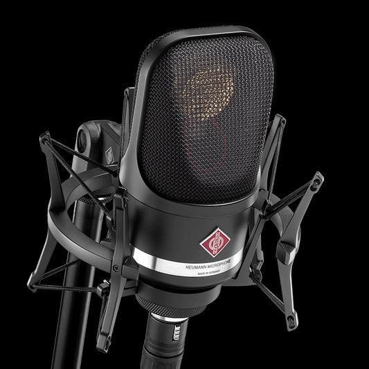 Neumann TLM 107 large diaphragm microphone with multipattern settings, accompanied by SG 2 swivel mount and presented in a wooden box.