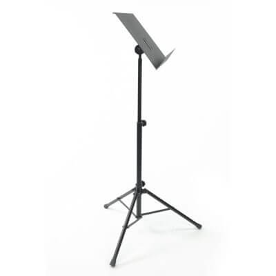 Adjustable tripod music sheet stand with aluminum top, designed for musicians.