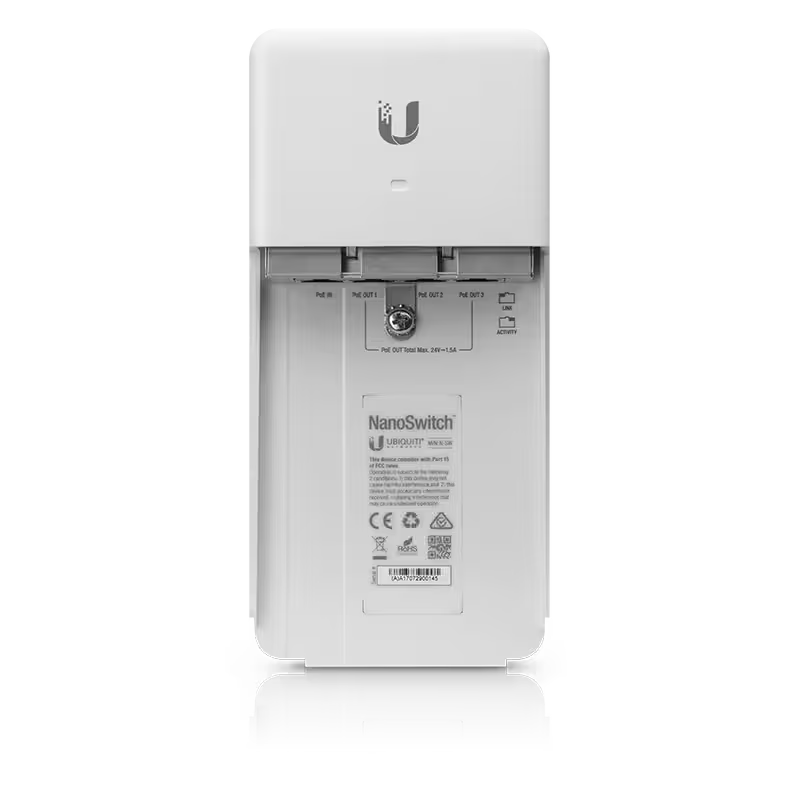 Front view of the Ubiquiti NanoSwitch Outdoor 4 Port Gigabit with 3 POE Out.