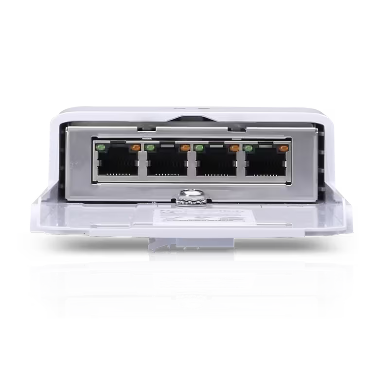 Ubiquiti NanoSwitch Outdoor 4 Port Gigabit installed in an outdoor setting.