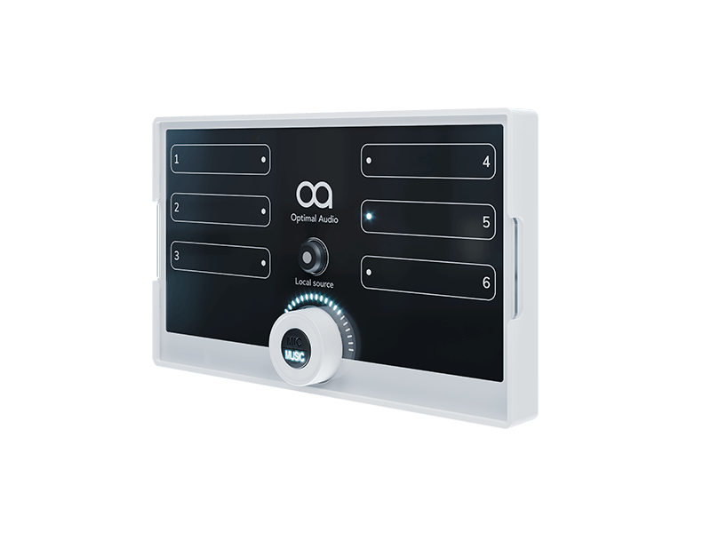 Optimal Audio ZonePad 1 single-zone wall-mounted controller featuring source selection, volume control, and local mic/line input with phantom power.