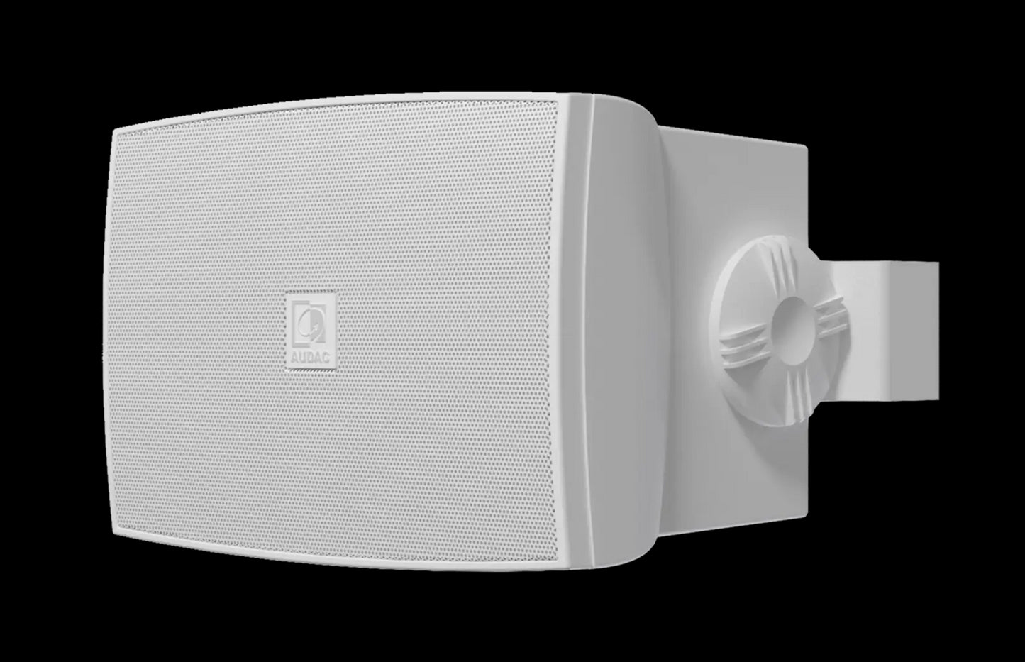 Audac Outdoor universal wall speaker in white, designed for outdoor use, featuring a 5 1/4 inch speaker driver.