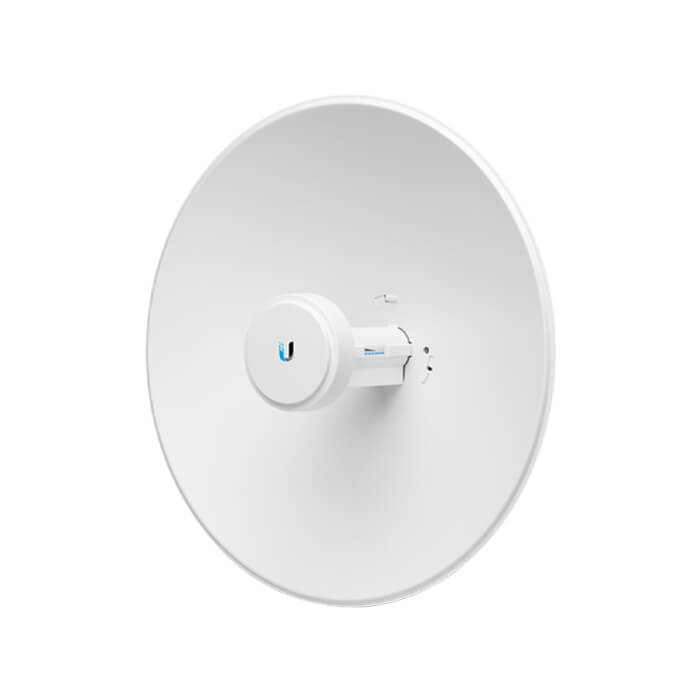 Ubiquiti UISP airMAX PowerBeam AC 2GHz 18dBi Radio installed on a pole, demonstrating its application in a real-world environment.