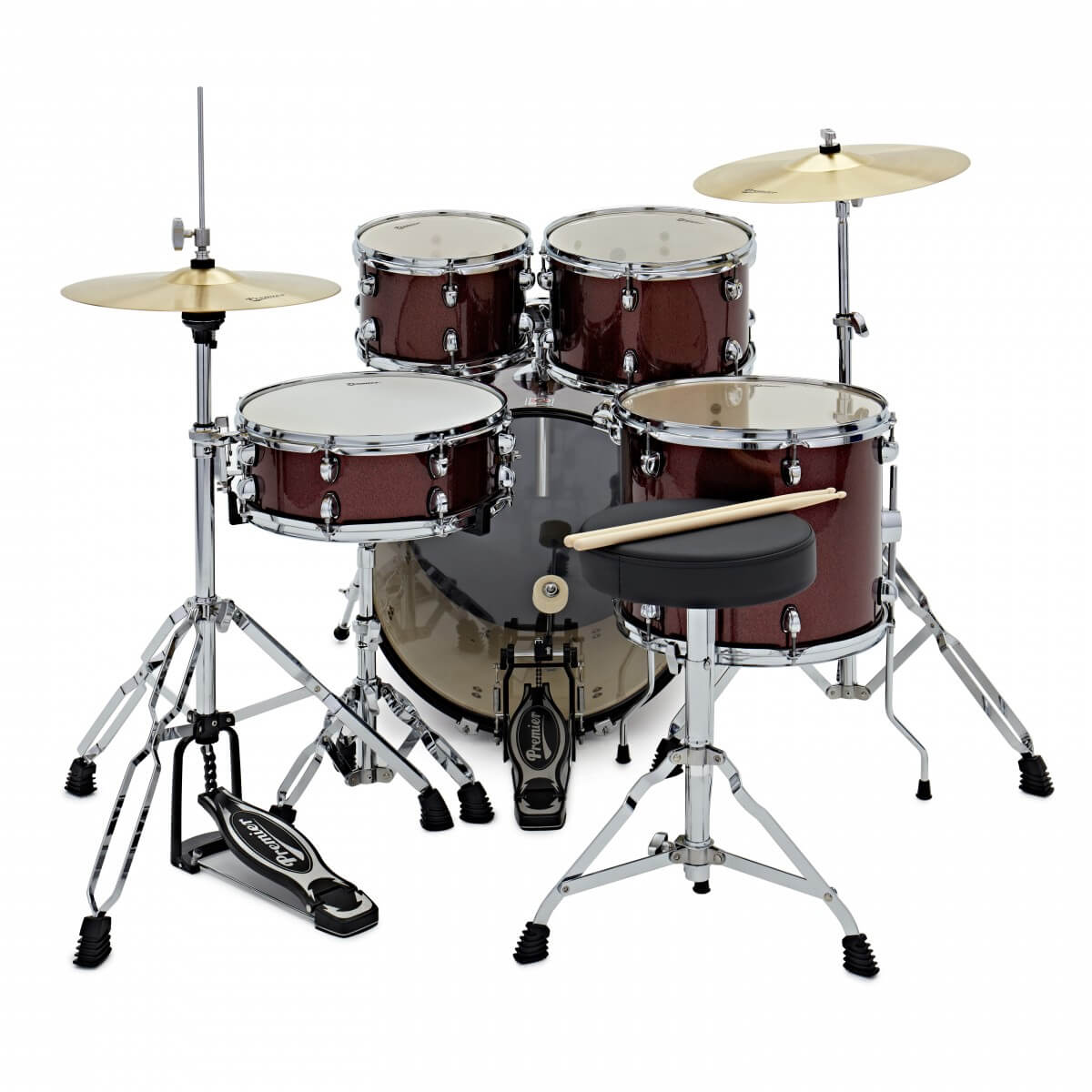 Premier Revolution 20-inch 5-piece drum kit in red sparkle wrap, showcasing the vibrant finish and complete set.
