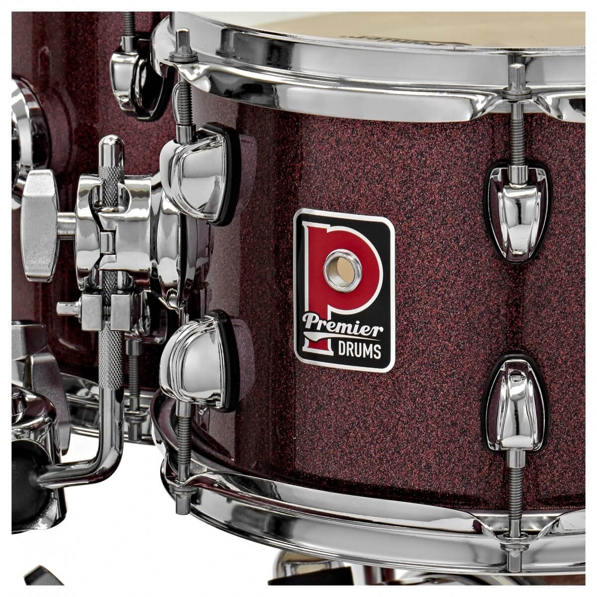 Premier Revolution 20-inch 5-piece drum kit in red sparkle wrap, showcasing the vibrant finish and complete set.