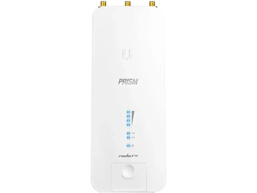 Ubiquiti UISP airMAX Rocket Prism AC 2GHz Radio showing front view with sleek design and antenna.
