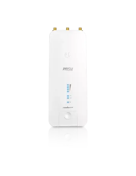 Ubiquiti UISP airMAX Rocket Prism AC 2GHz Radio displayed with included PoE injector, highlighting connectivity options.