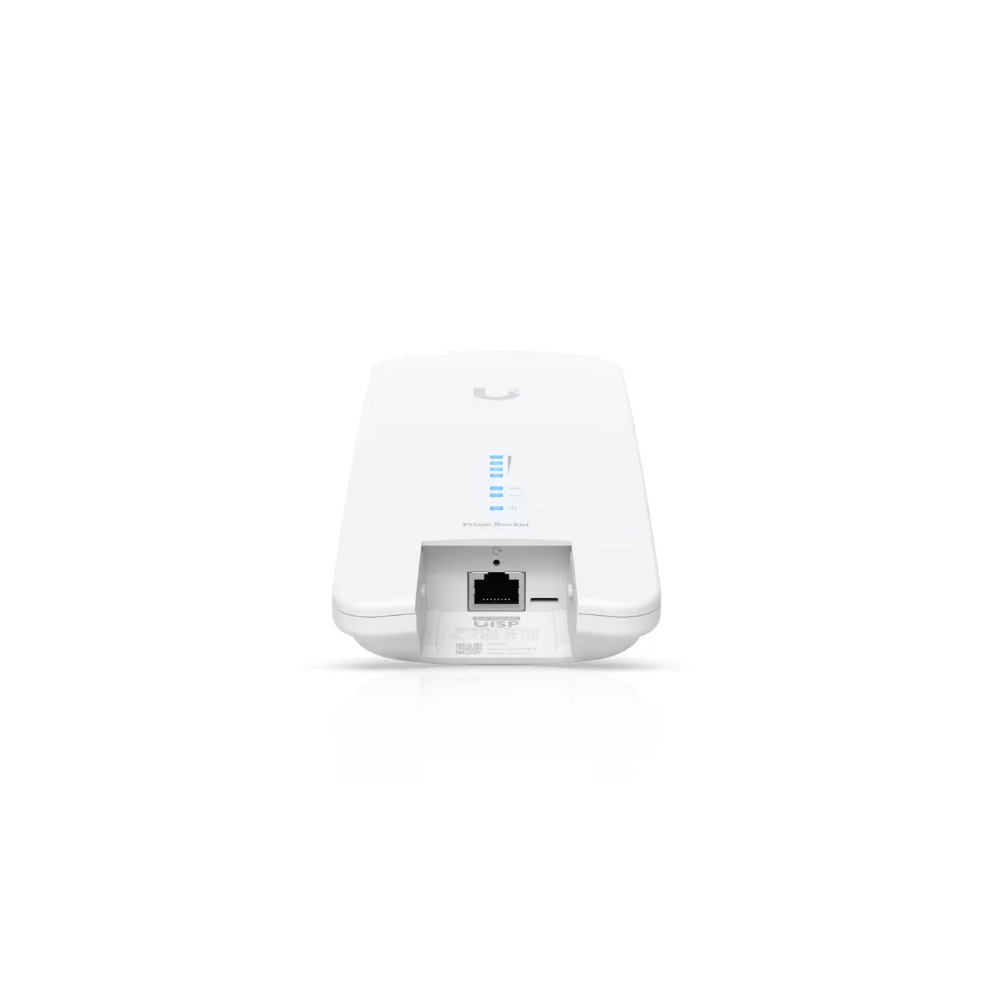 Close-up of Ubiquiti UISP airMAX Rocket Prism AC 5GHz Radio technical specifications and labeling.