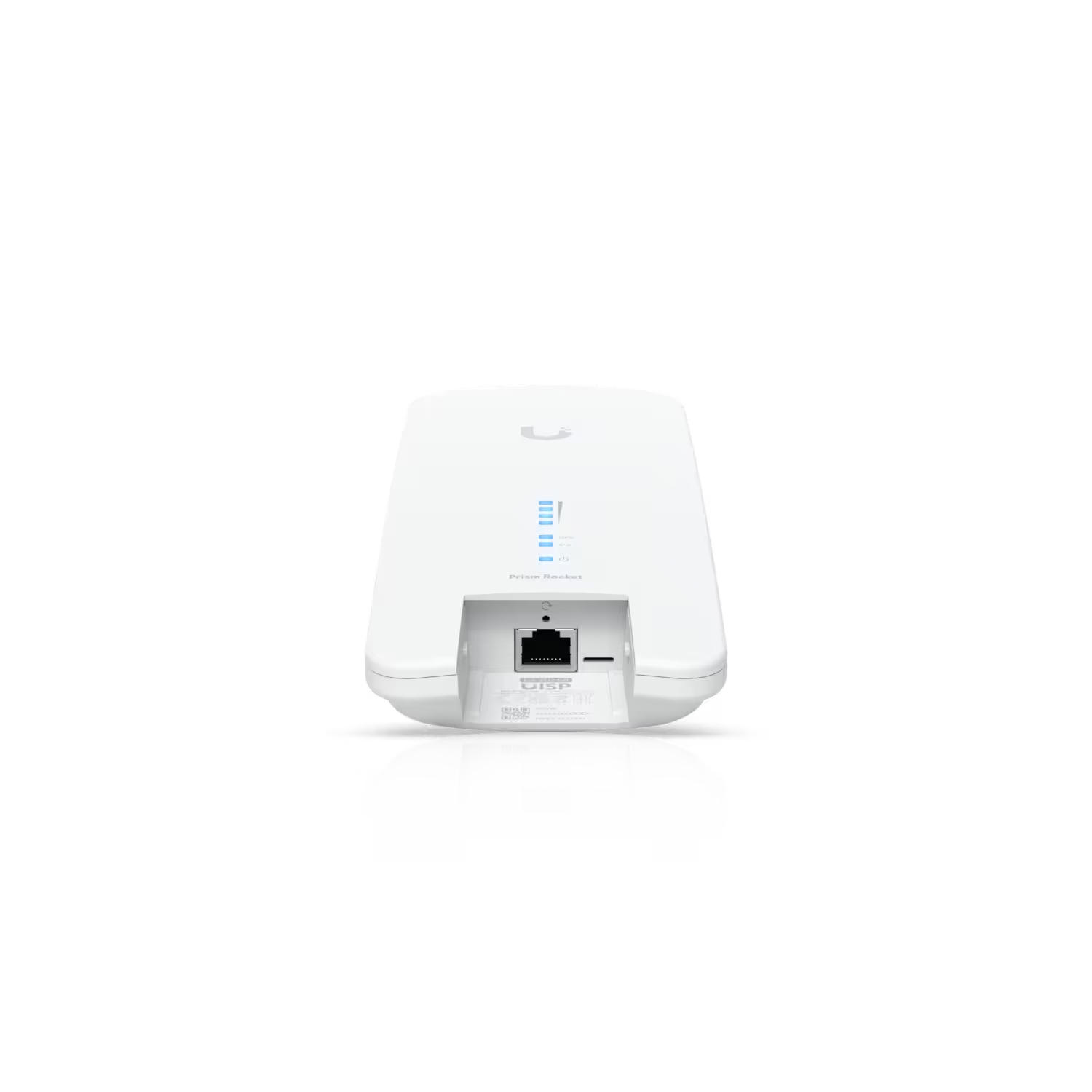 Close-up of Ubiquiti UISP airMAX Rocket Prism AC 5GHz Radio technical specifications and labeling.