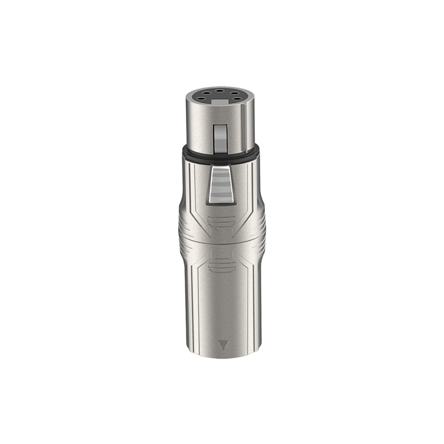 ROXTONE Leader Series 3P XLR Plug to 5P XLR Socket Adapter showing the product design and connectors.