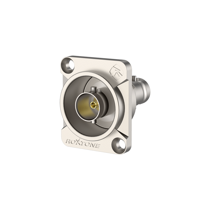 ROXTONE BNC Female Socket Chassis Mount with Nickel Plated Shell Adapter, designed for 75 Ohm connections.