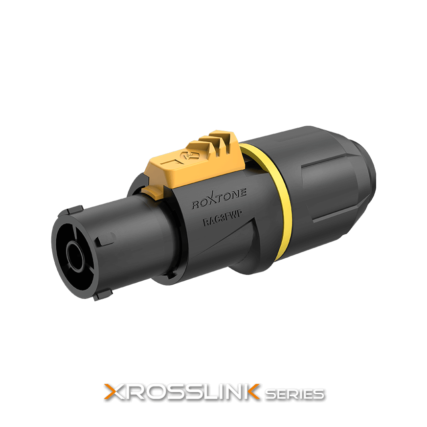 ROXTONE True1 Input Inline Socket 20A / 250V AC IP65, a lockable 3-pin waterproof connector designed for durability and safety.