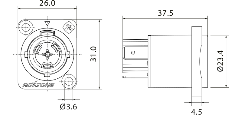ROXTONE TRUE1 Output Chassis 20A / 250V AC Waterproof Connector, IP65 Rated, showcasing a durable and weather-resistant design.