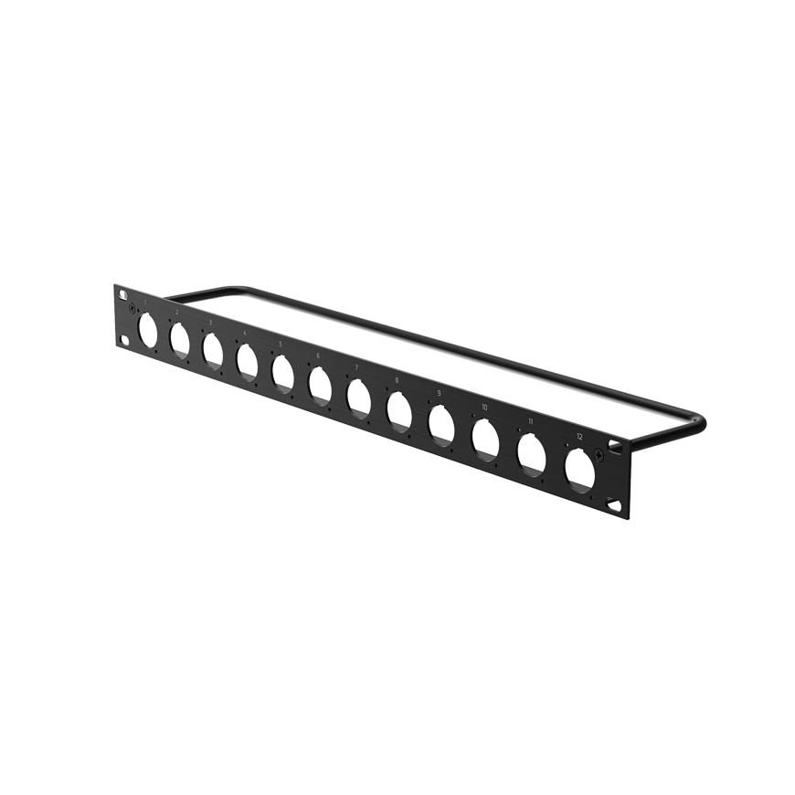ROXTONE 1U 19" rack panel featuring 12 holes designed for D size chassis connectors.