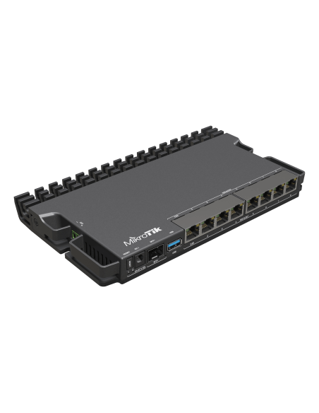 MikroTik RB5009UPr+S+IN 7 Port PoE 2.5Gbps Router with RouterOS L5 license in an indoor case.