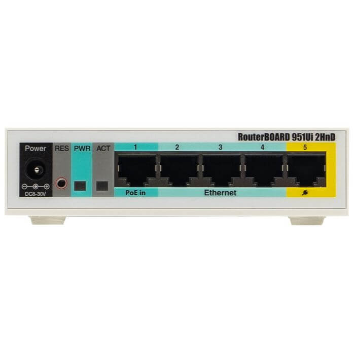 MikroTik RB951Ui-2HnD 5 Port WiFi Router with 2.4GHz frequency, featuring multiple ports for connectivity.