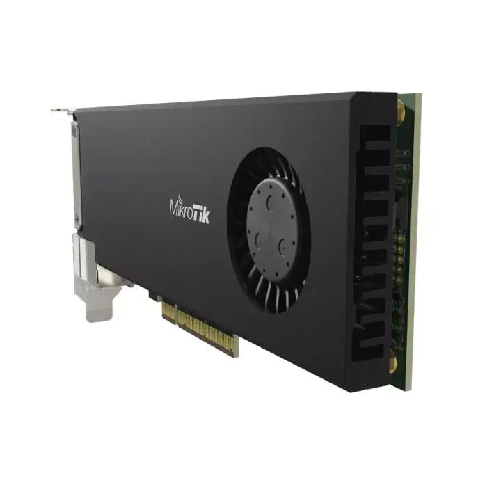 MikroTik CCR2004 2 Port SFP28 PCIe NIC featuring 4 core processors, showcasing its design and ports.