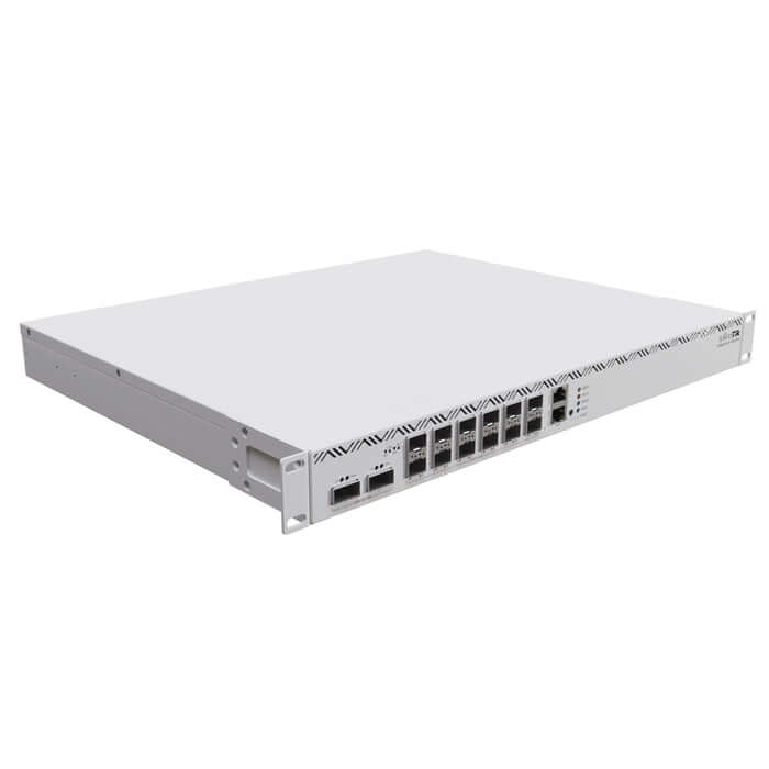MikroTik CCR2216 router featuring 12 ports for SFP28 and QSFP28 connections, equipped with a 16-core processor.