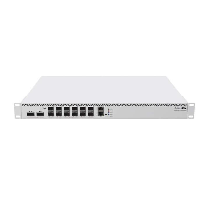 MikroTik CCR2216 router featuring 12 ports for SFP28 and QSFP28 connections, showcasing a sleek front design.
