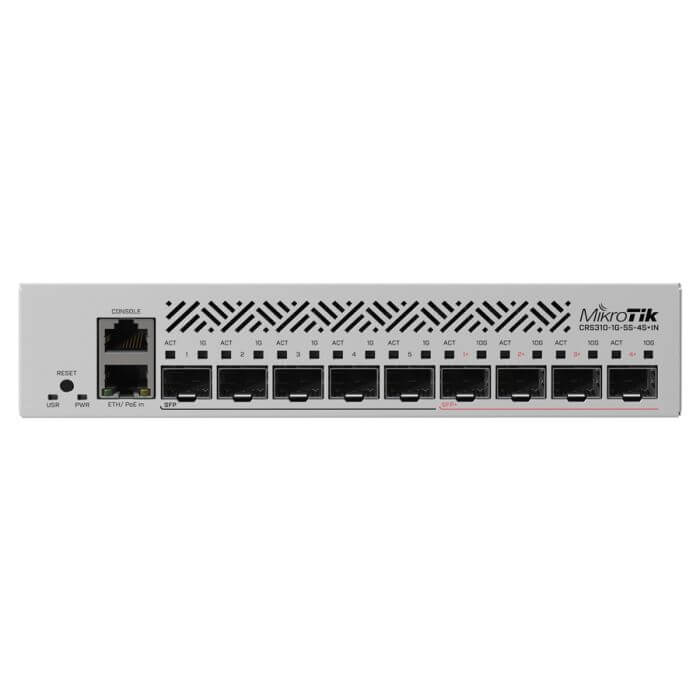 MikroTik CRS310S Cloud Router Switch featuring 5 SFP ports and 4 SFP+ ports, designed for high-performance networking.