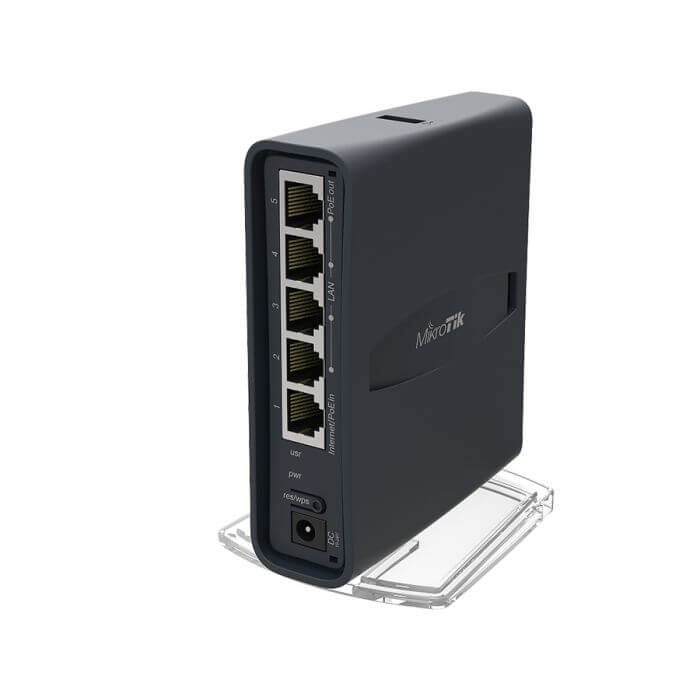 MikroTik hAP ac Lite Tower WiFi 5 Router with a maximum speed of 750Mbps, featuring a sleek tower design.