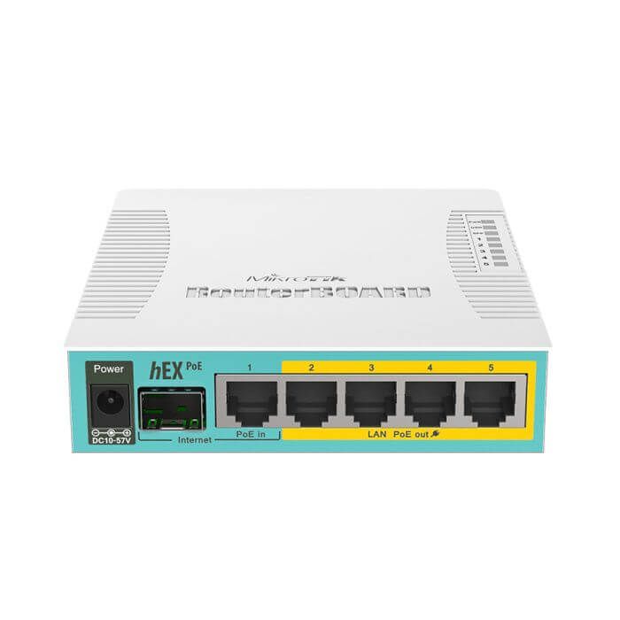 MikroTik hEX PoE 5-Port Gigabit Desktop Router with multiple Ethernet ports and a sleek design.