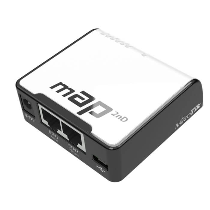 MikroTik mAP 2.4GHz USB PoE WiFi Access Point with 1.2dBi antenna, compact design for wireless networking.