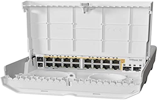 MikroTik netPower 16P 16 PoE Outdoor Switch featuring multiple Ethernet ports and SFP+ for network connectivity.