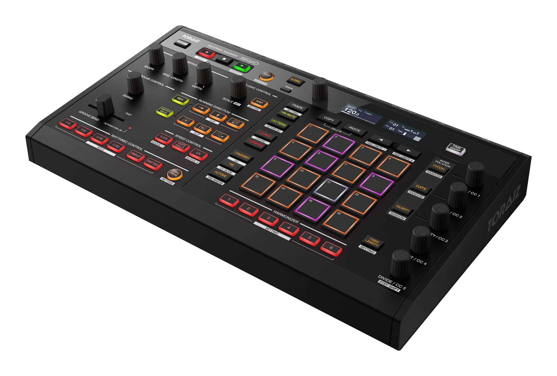 Pioneer SQUID Dynamic Multitrack Hardware Sequencer showcased at an angle, designed for live performances.