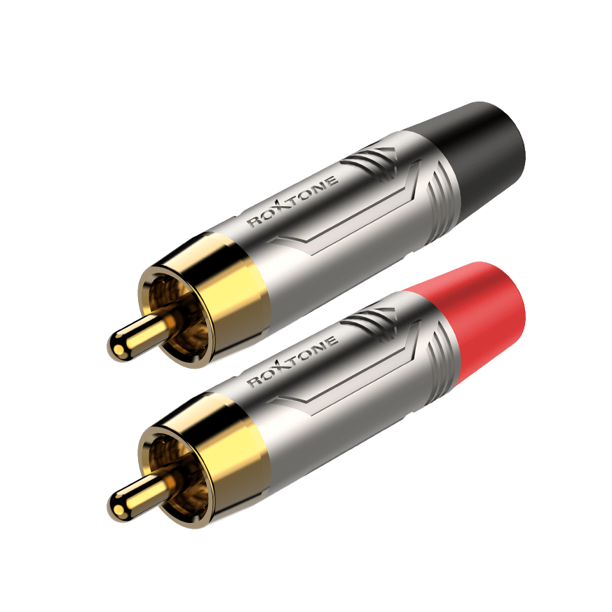 Image of Roxtone Pair RCA Male Connectors featuring a nickel plated shell and gold plated contacts.