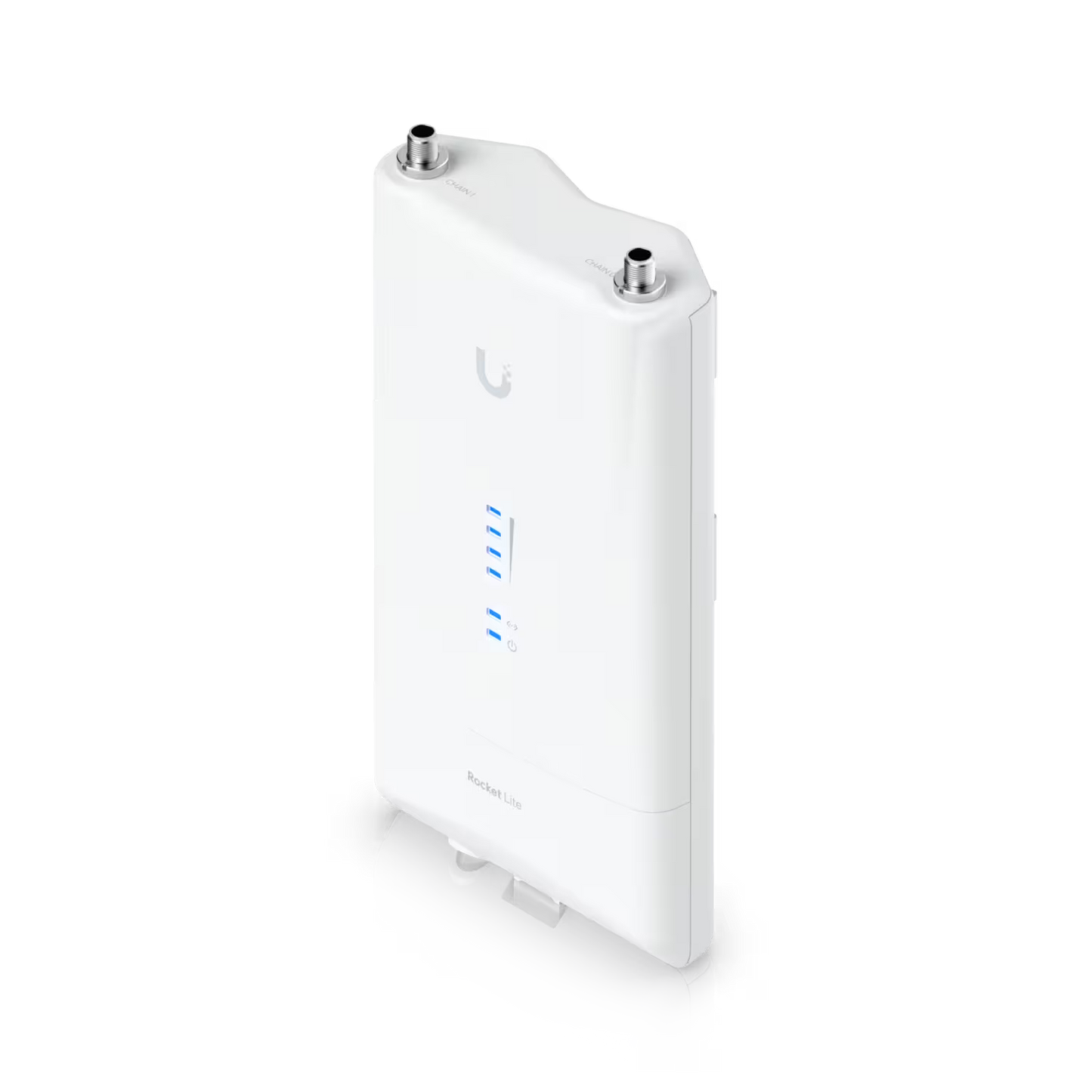 Front view of the Ubiquiti UISP airMAX Rocket Lite AC 5GHz Radio, showcasing its sleek design.