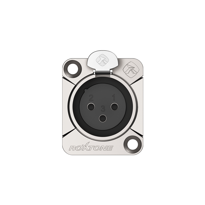 Image of a ROXTONE Leader Series 3-Pole XLR Female Chassis Connector featuring a nickel plated shell.