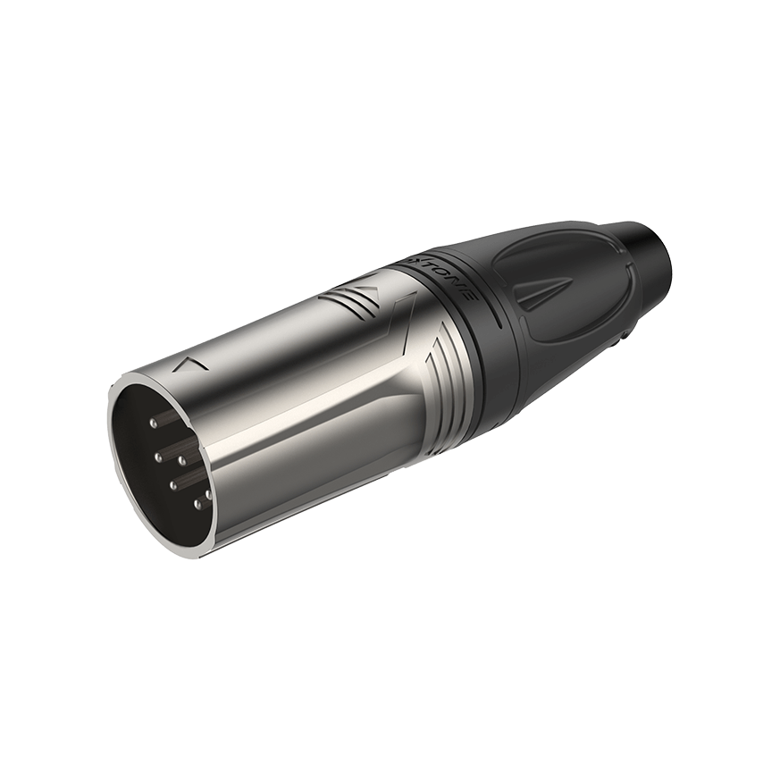 ROXTONE 5-Pole XLR Male Connector with Nickel-Plated Shell, model RX5M-NT, showcasing the connector's design and features.